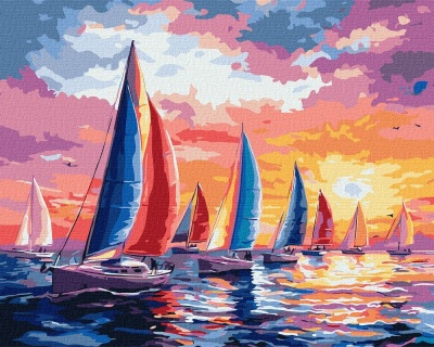 Pintura digital de veleiros coloridos navegando ao pôr do sol