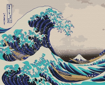 Ilustração japonesa de uma grande onda azul e branca com o monte Fuji ao fundo