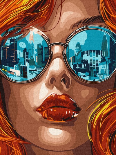 Rosto feminino com cabelo laranja e óculos de sol refletindo cidade