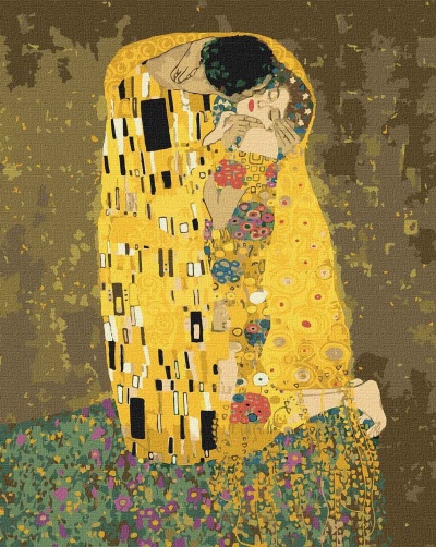 Tapeçaria ou quadro de 'O Beijo' de Gustav Klimt com cores amarelas e padrões geométricos e florais