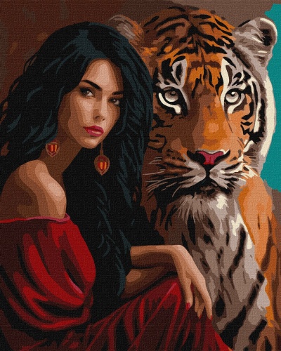 Mulher de vestido vermelho com um tigre ao lado