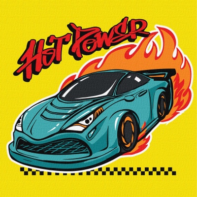 Desenho digital de carro desportivo azul com chamas e texto Hot Power