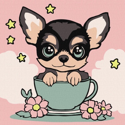 Cão pequeno desenhado dentro de chávena com fundo rosa e flores.