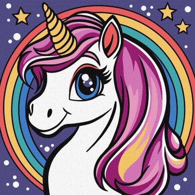 Pintura colorida de unicórnio com crina rosa e lilás, chifre amarelo e fundo estelar