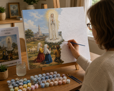 Kit de pintura por números Fátima com tela e tintas sobre mesa