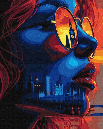 Rosto feminino azul e vermelho com óculos refletindo o Big Ben e cidade ao pôr do sol