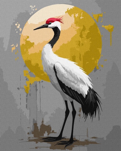 Ilustração de cegonha branca com crista vermelha e círculo amarelo de fundo