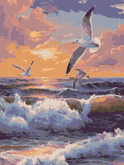 Pintura em tela de gaivotas a voar sobre o mar ao pôr do sol.