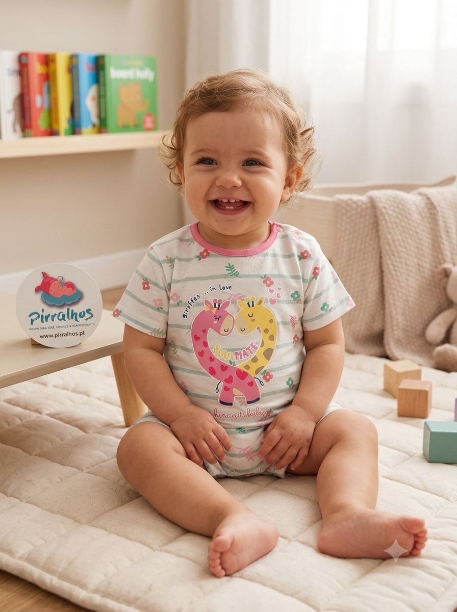 Bebé sorridente de body estampado a sentar-se em tapete acolchoado em quarto luminoso