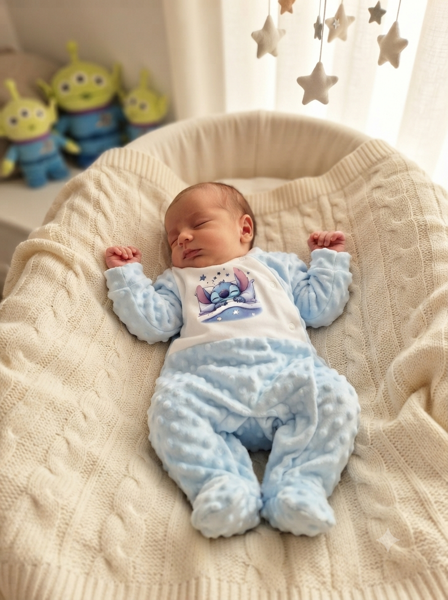 Bebé a dormir com roupa azul clara e estampa do Stitch em almofada tricotada branca sob mó de estrelas.