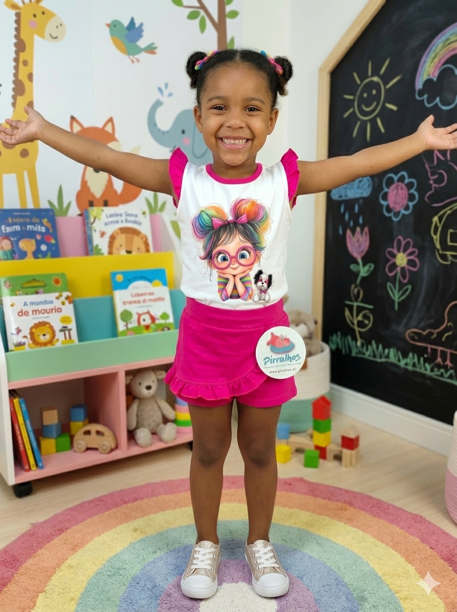 Garota sorridente vestindo vestido infantil branco e rosa com desenho colorido, shorts rosas, ténis dourados, em quarto infantil com livros e quadro negro.