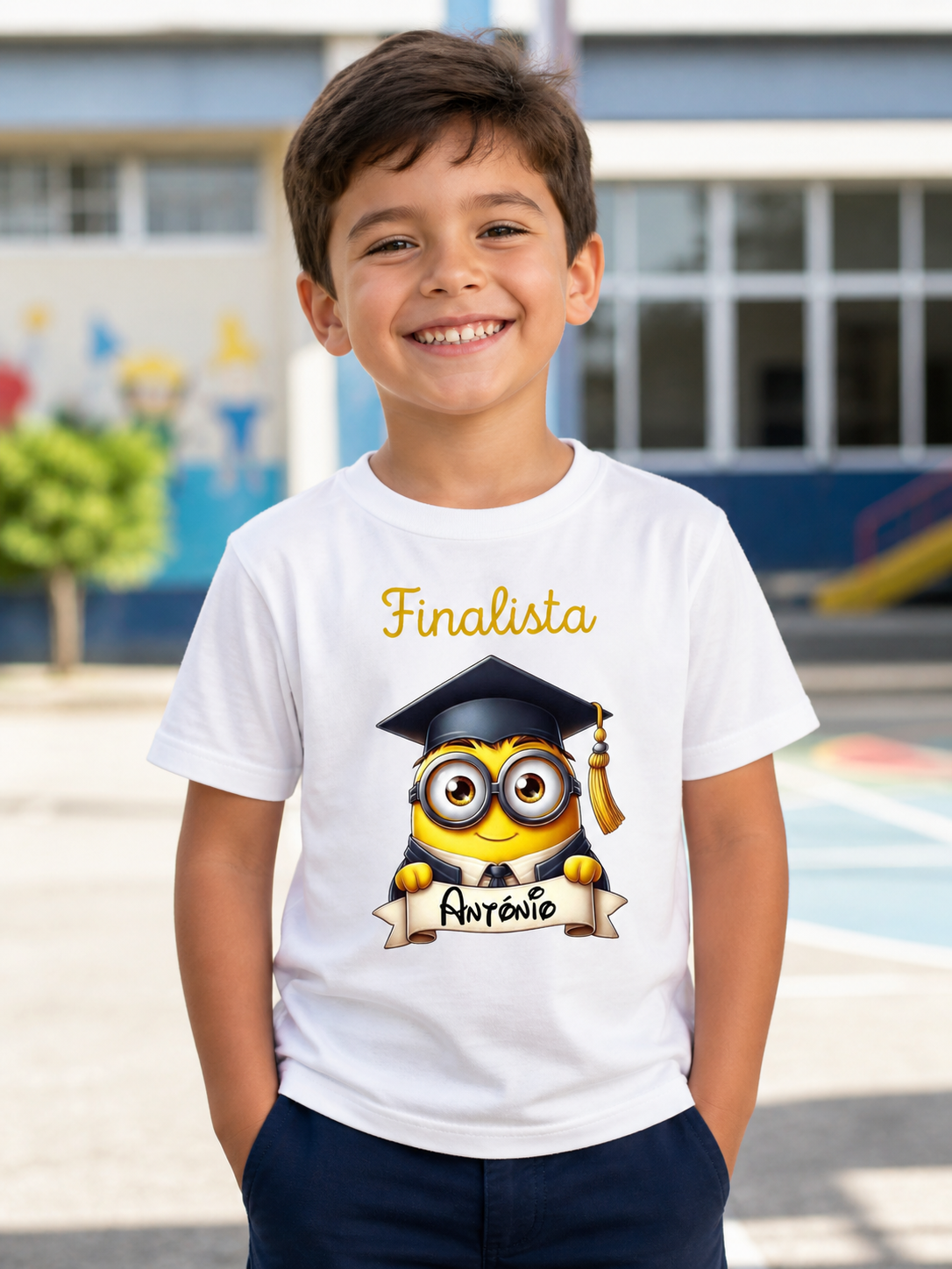 Criança com camisola branca estampada com Minion finalista e texto António e Finalista ao ar livre num recreio escolar