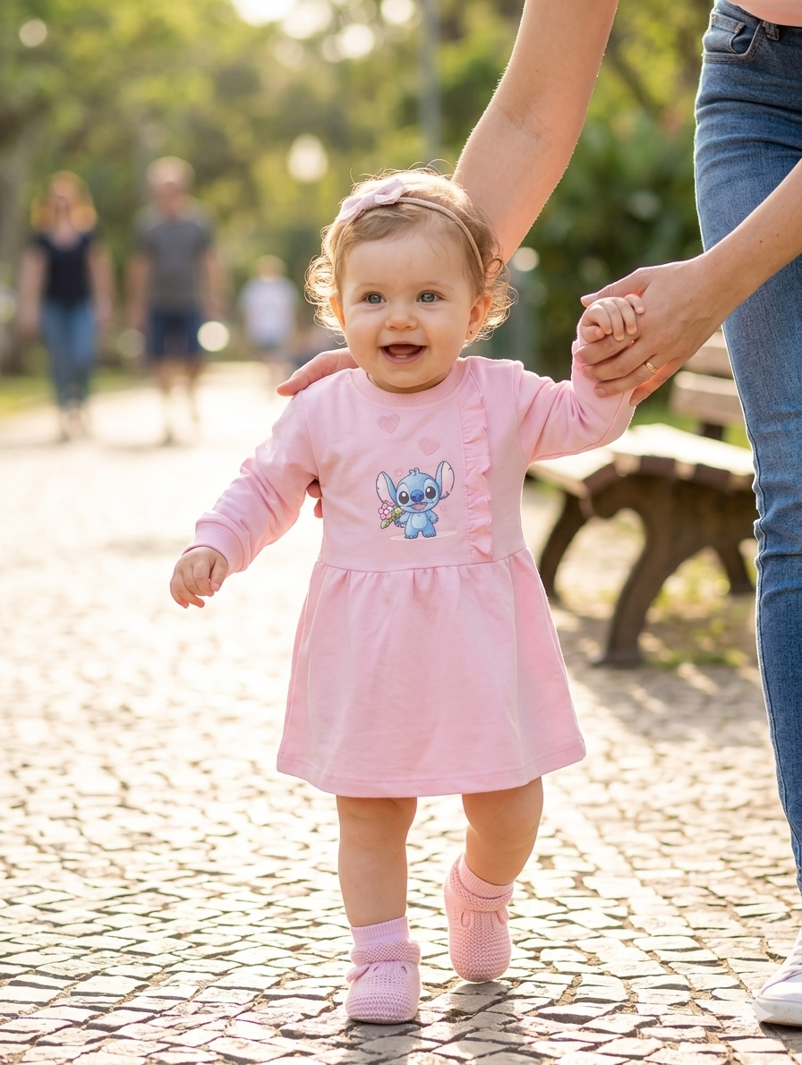 Bebé com vestido rosa e sapatinhos a caminhar ao ar livre com ajuda de um adulto