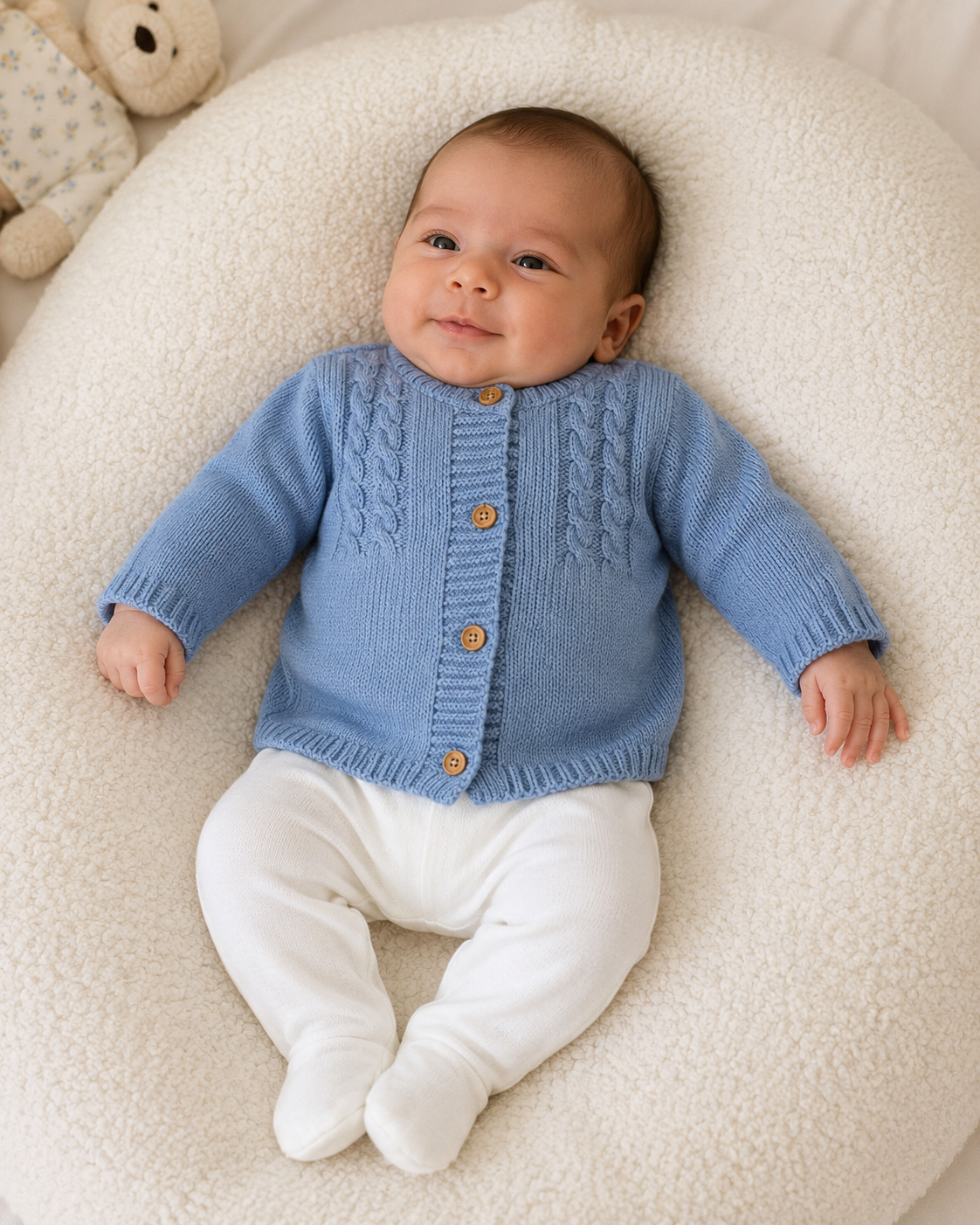 Bebé vestindo casaco azul de malha com botões de madeira, deitado em almofada creme com urso de peluche ao lado.