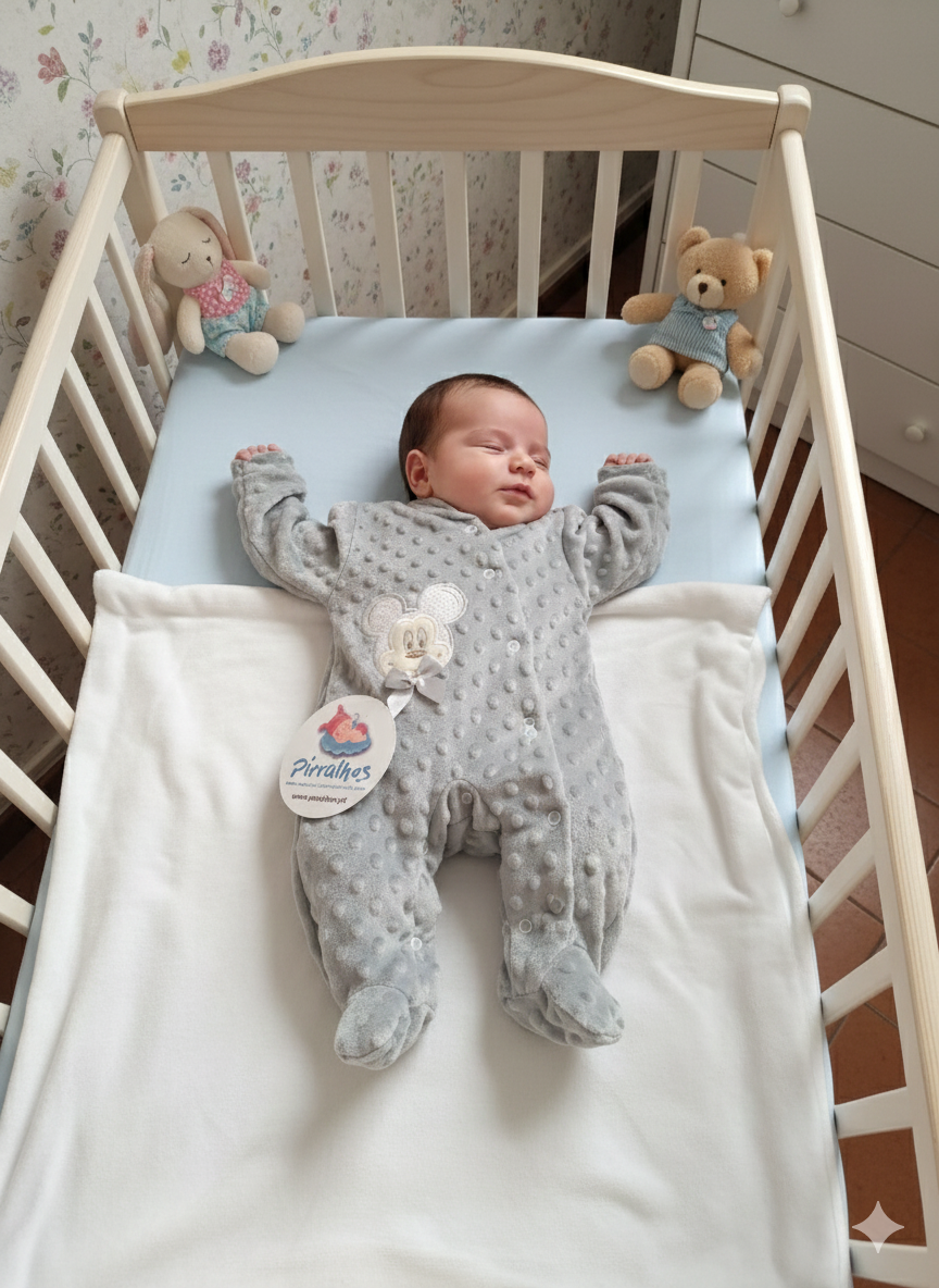 Berço com bebé vestido de fato cinzento com textura, manta branca e peluches