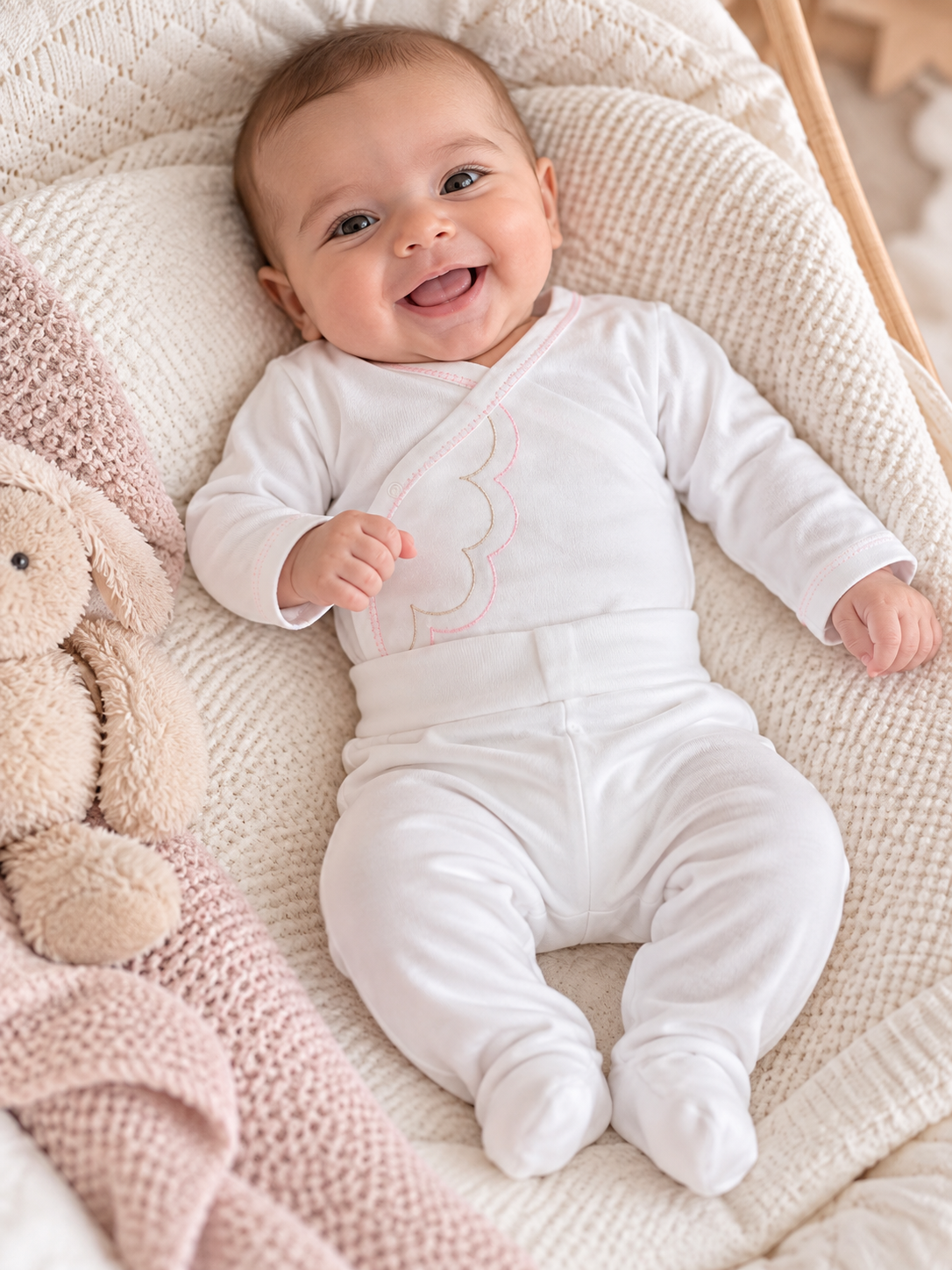 Bebé sorridente vestido com roupa branca de algodão deitada numa almofada bege com manta rosa e brinquedo coelho.