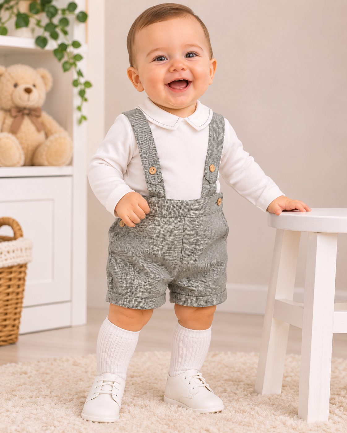 Bebé sorridente com roupa branca e cinzenta em ambiente interior acolhedor