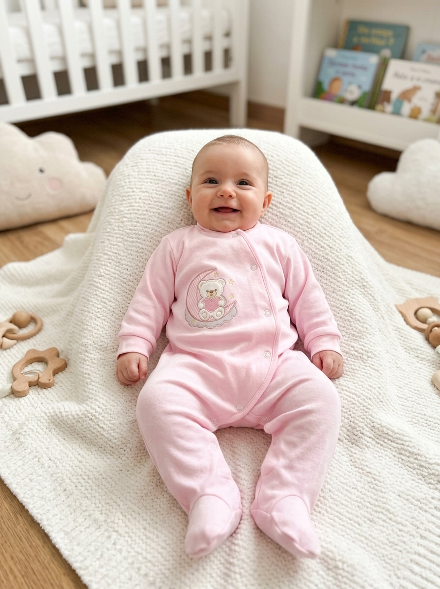 Bebé com pijama rosa sentado em suporte branco em quarto de bebé com brinquedos de madeira.