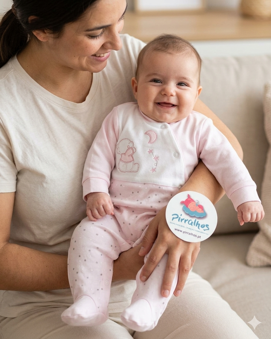 Bebé sorridente em pijama rosa claro no colo de uma mulher com camiseta bege