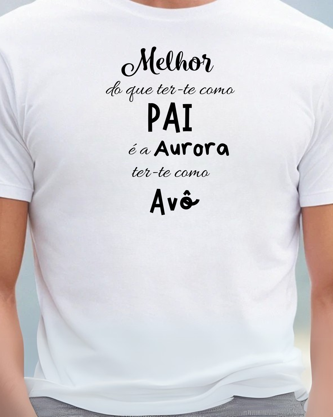 Camiseta branca com texto preto em vários estilos de letra