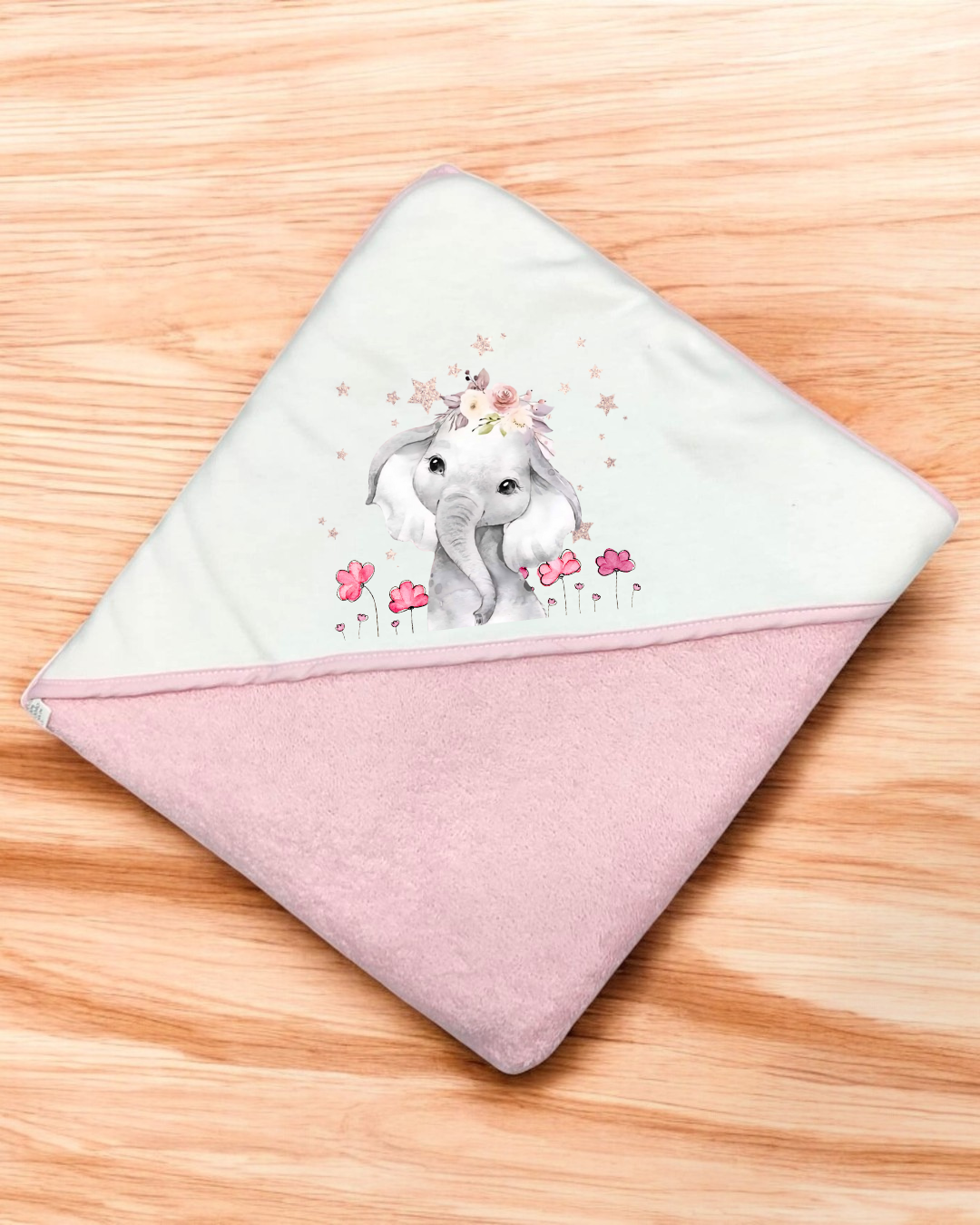 Toalha de bebé rosa e branca com estampa de elefante e flores