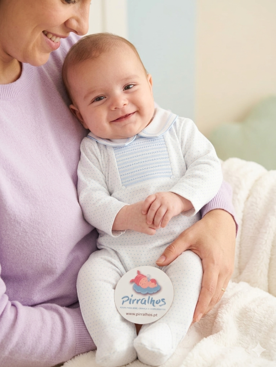 Bebé com fato branco com pontos azuis e etiqueta Pirralhos sentado no colo de adulto com camisola lilás