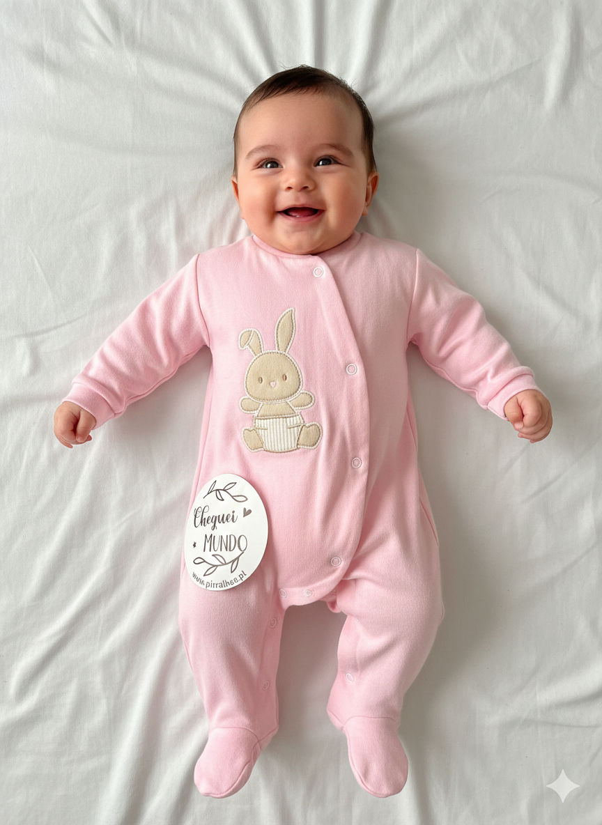 Bebé com pijama rosa e aplique de coelho deitado em lençol branco com etiqueta
