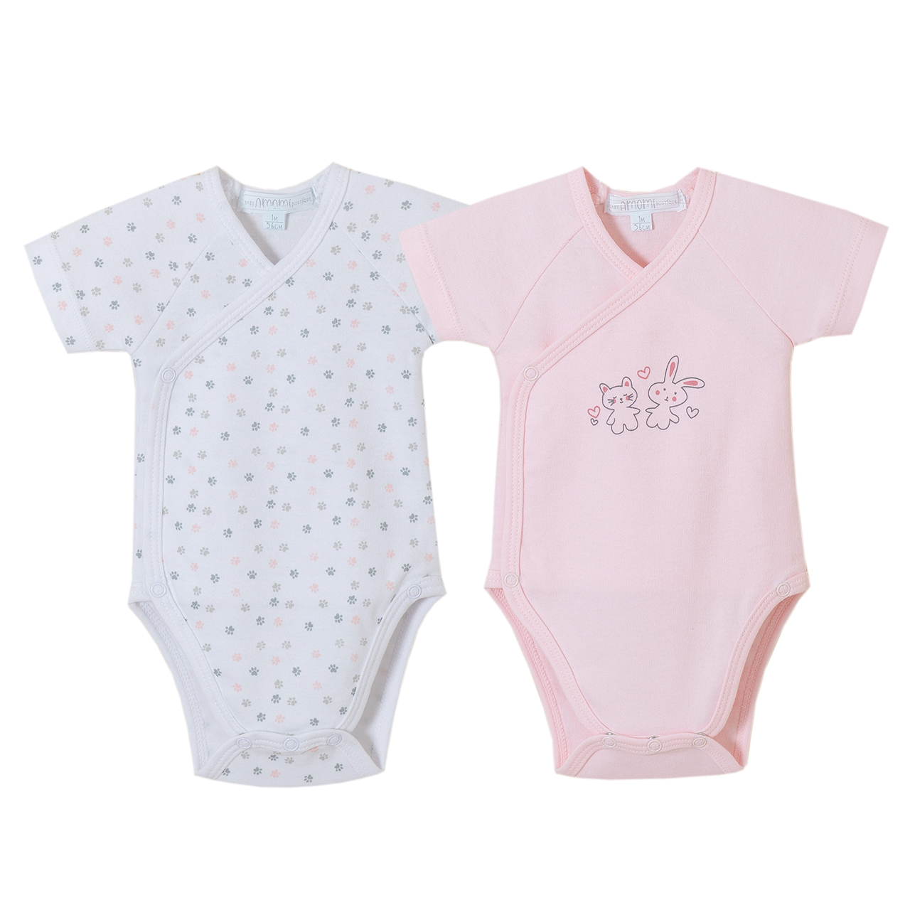 Dois bodies para bebé em branco com estrelas e rosa com bordado de coelho e urso.