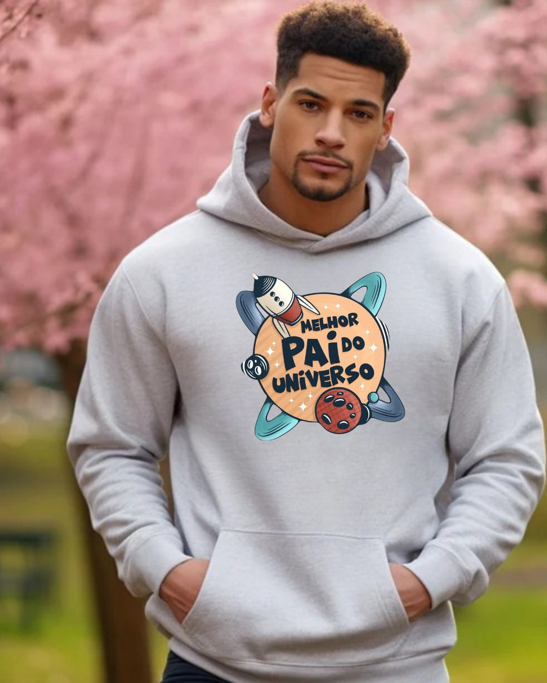 Sweatshirt cinzenta com estampa colorida e texto 'MELHOR PAI DO UNIVERSO'