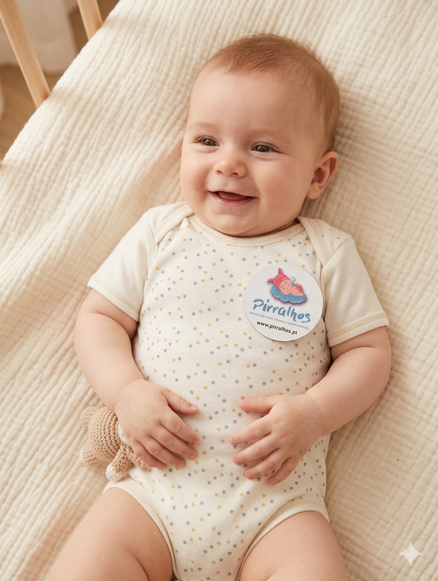 Bebé a usar body branco com estrelas e etiqueta Pirralhos deitado numa manta creme a segurar boneco de malha