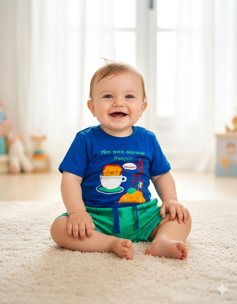 Bebé a sorrir sentado num tapete creme usando roupa azul e verde