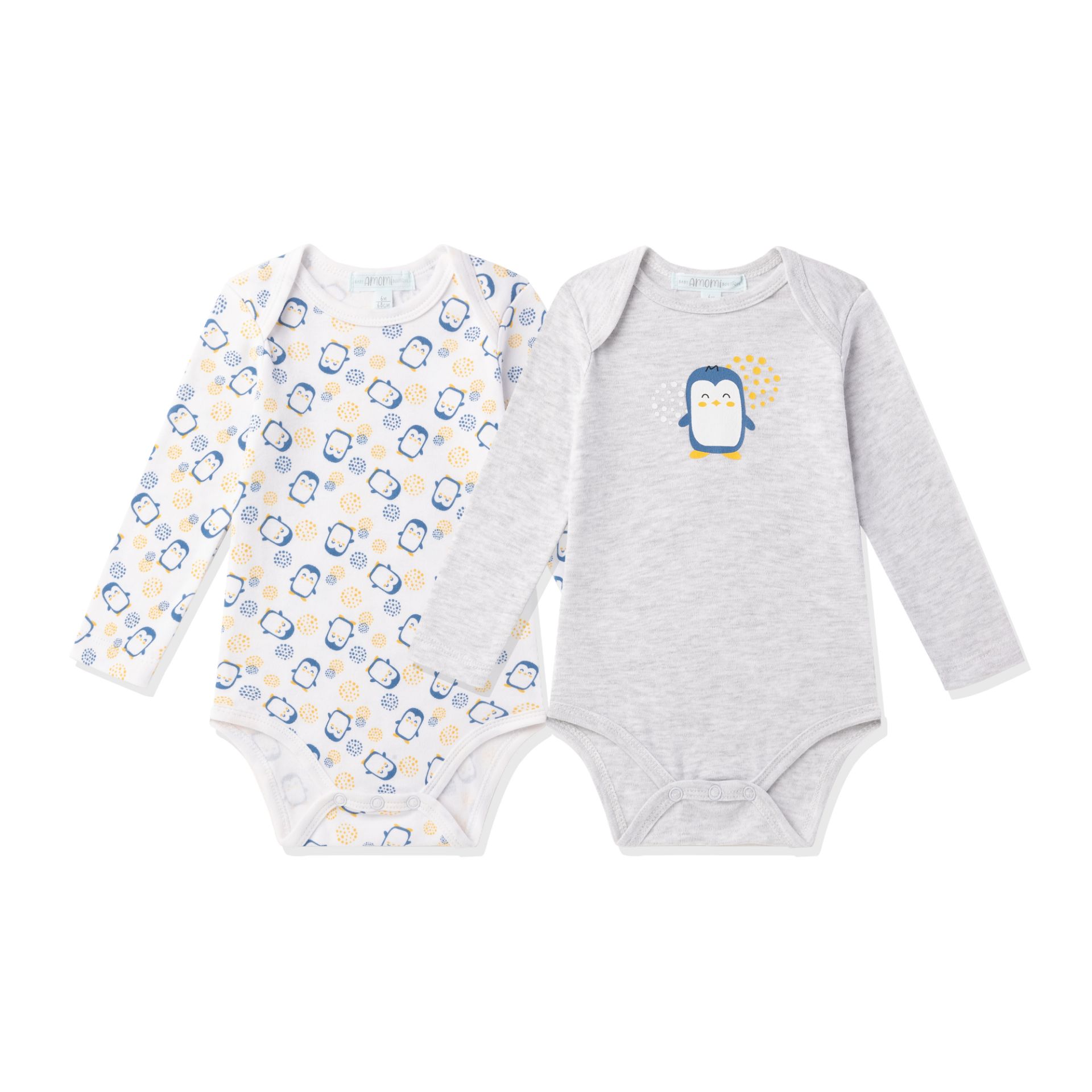 Dois bodies de bebé de manga comprida, um com padrão de pinguins e outro cinzento com pinguim estampado