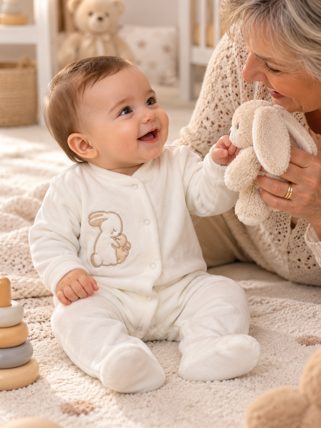 Bebé sentado com fato creme e peluche coelho