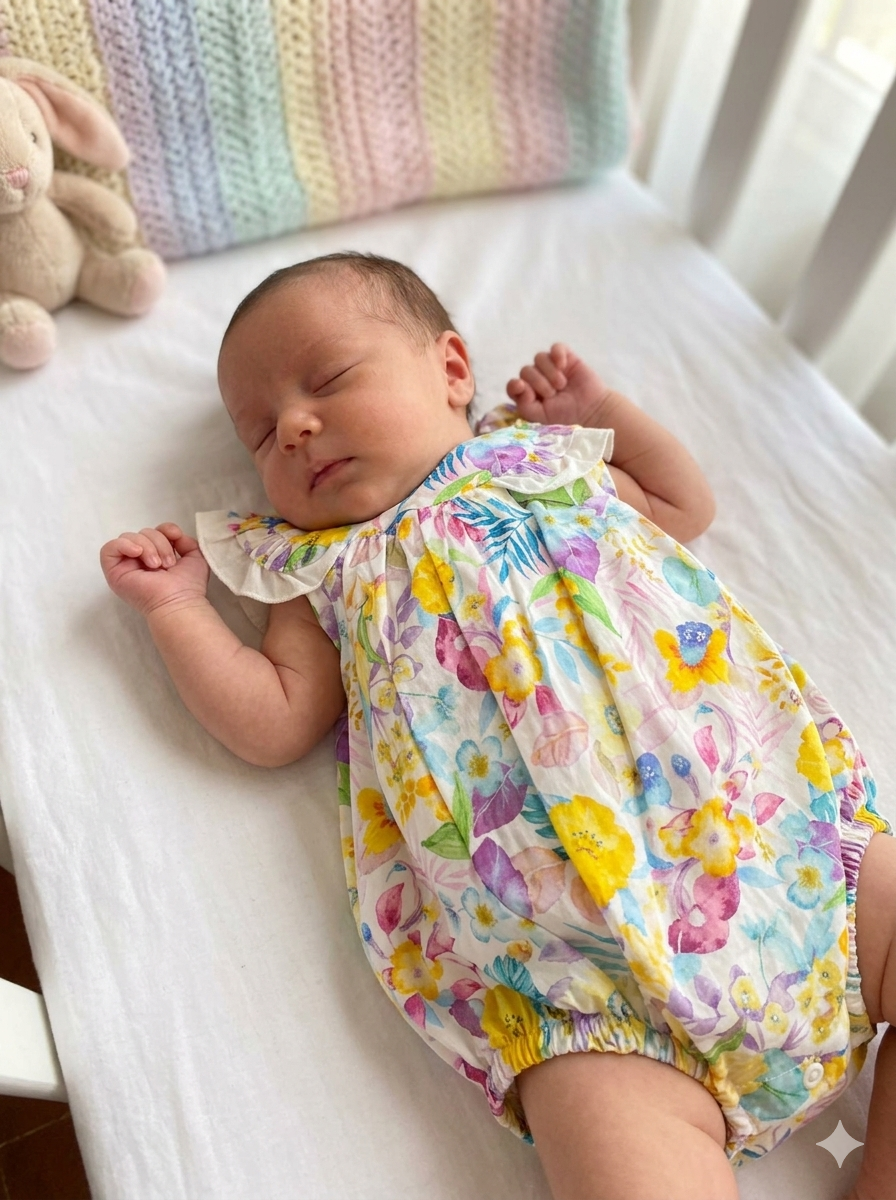 Bebé a dormir vestido com macacão floral colorido ao lado de coelho de peluche e manta de tricô colorida.
