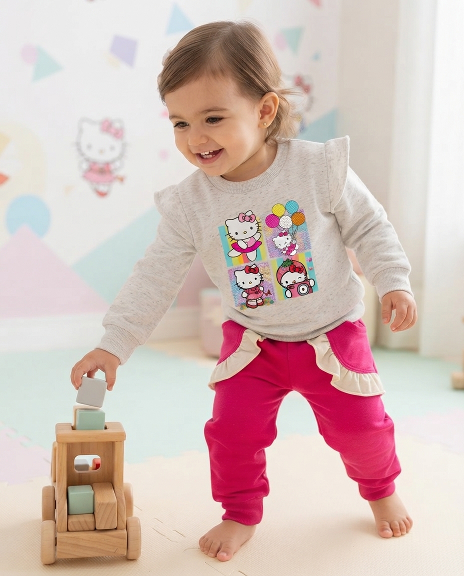 Criança vestindo roupa infantil Hello Kitty, a brincar com brinquedo de madeira em ambiente colorido e lúdico