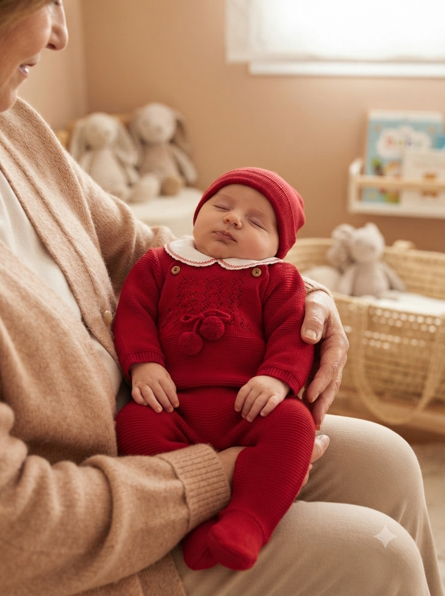 Bebé a dormir com roupa de malha vermelha sentado ao colo de uma pessoa com cardigan castanho claro
