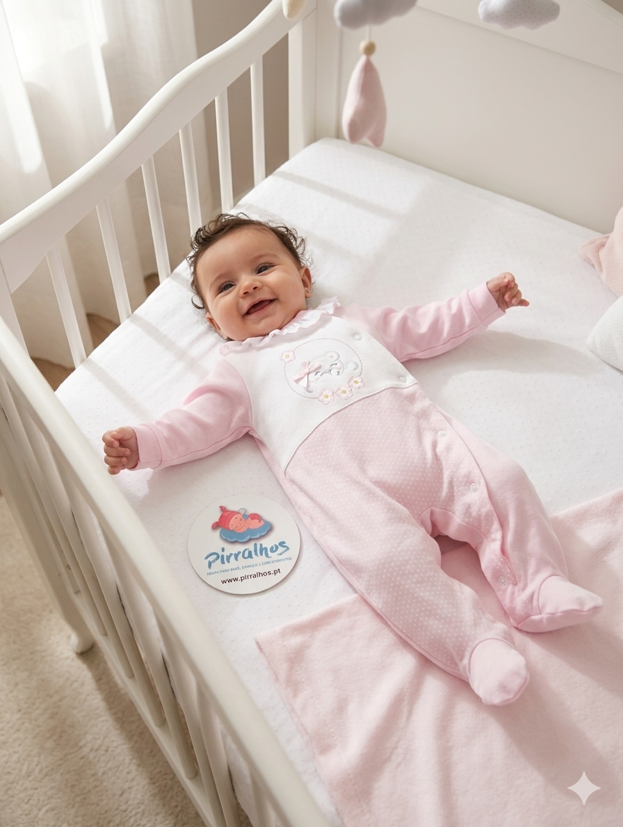 Bebé deitado num berço branco com roupa rosa e branca e cartão redondo com marca Pirralhos.