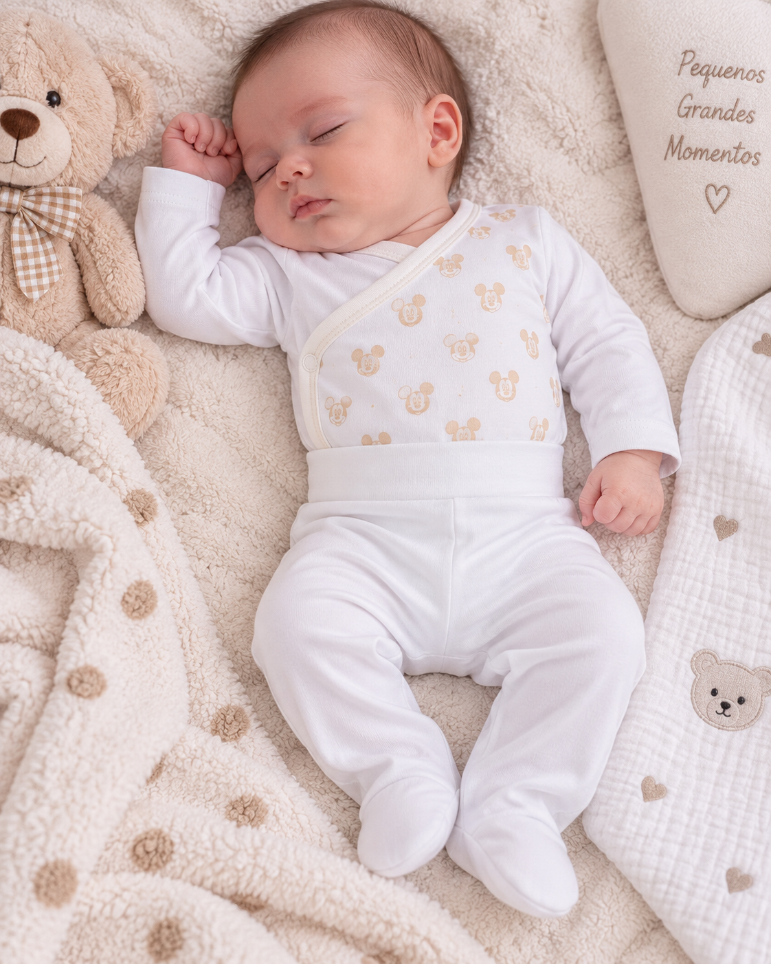 Bebé a dormir vestido com roupa branca estampada numa manta bege felpuda com pontos castanhos
