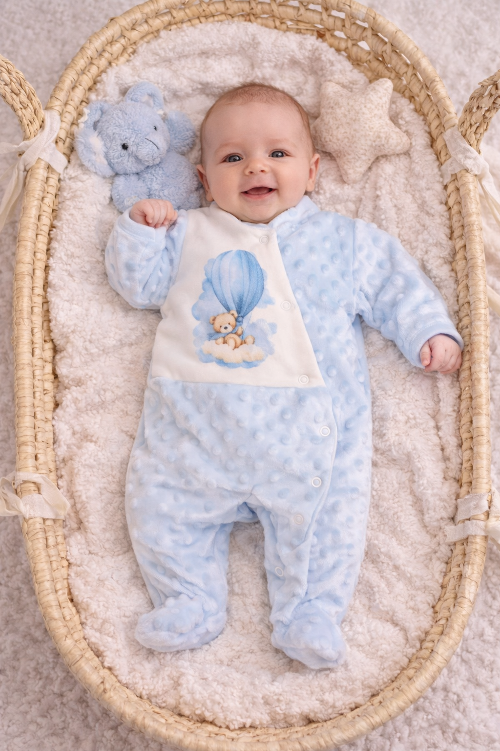 Bebé deitado numa cama de vime com fato de pijama azul claro e boneco de peluche azul