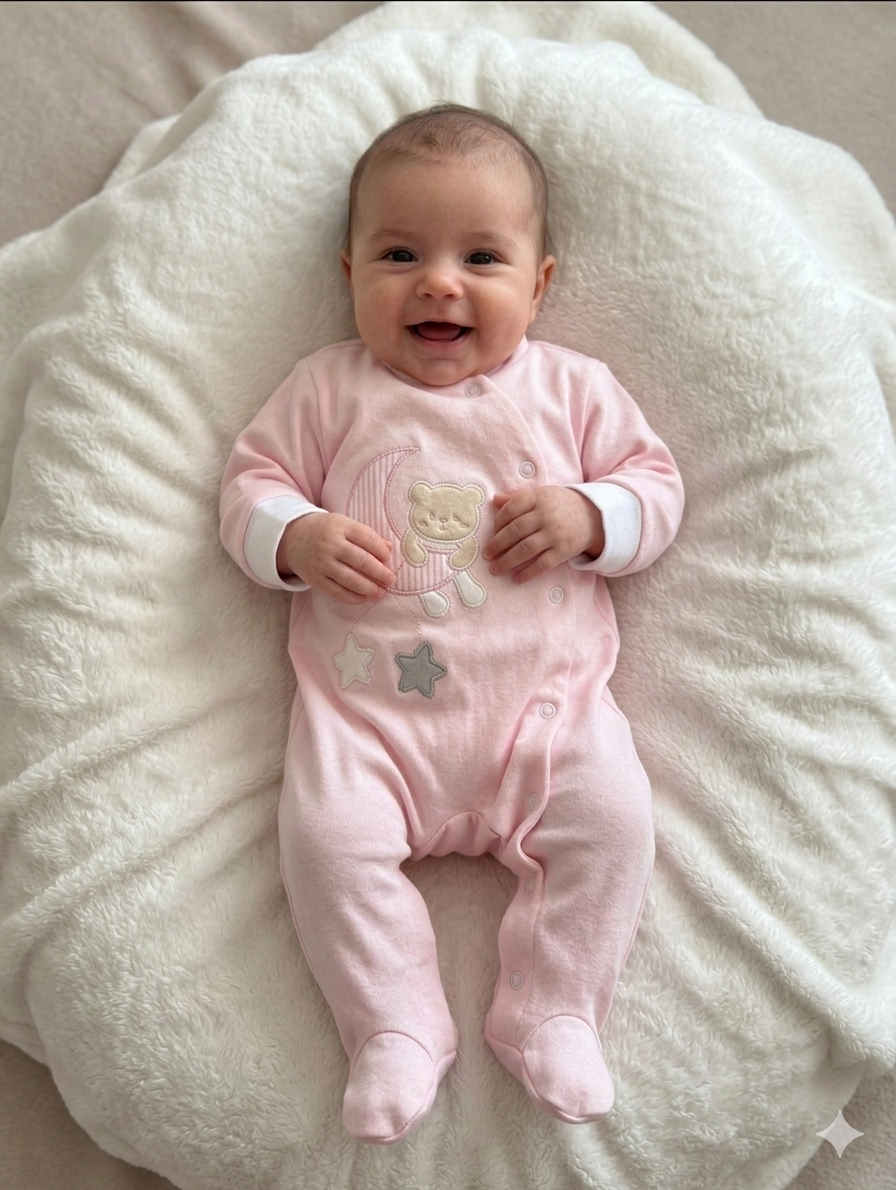 Macacão rosa para bebé com ursinho bordado sobre almofada branca macia.
