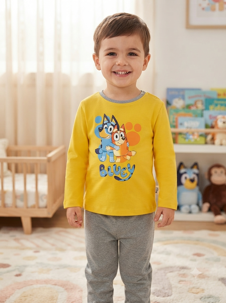 Criança vestindo camisola amarela Bluey e calças cinza num quarto infantil