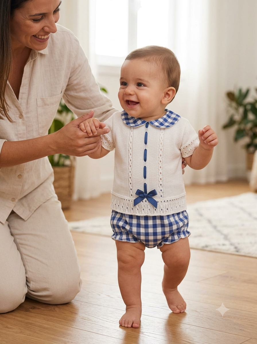 Bebé com roupa branca e azul às quadrículas a andar dentro de casa com ajuda de uma mulher.