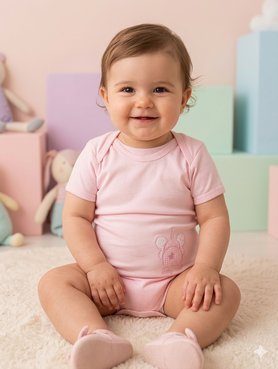 Bebé sorridente sentado no chão com body e sapatos rosa claro, rodeado de blocos coloridos e peluches.
