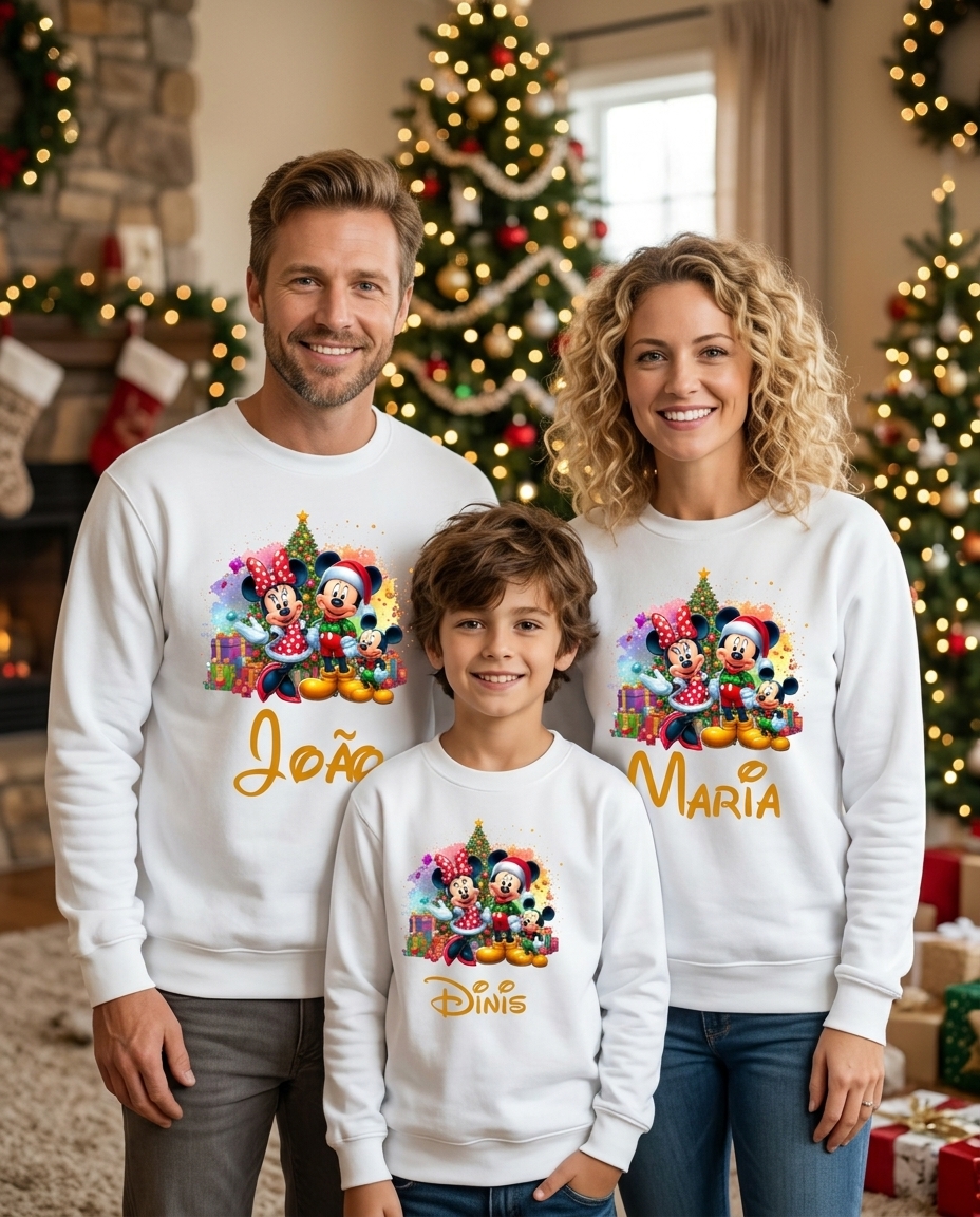 Camisolas brancas com personagens Disney e nomes personalizados em ambiente de Natal