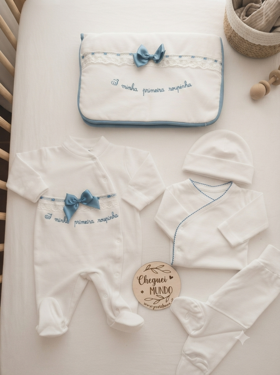 Conjunto de roupa de bebé branca e azul com bordado e laço num fundo claro.