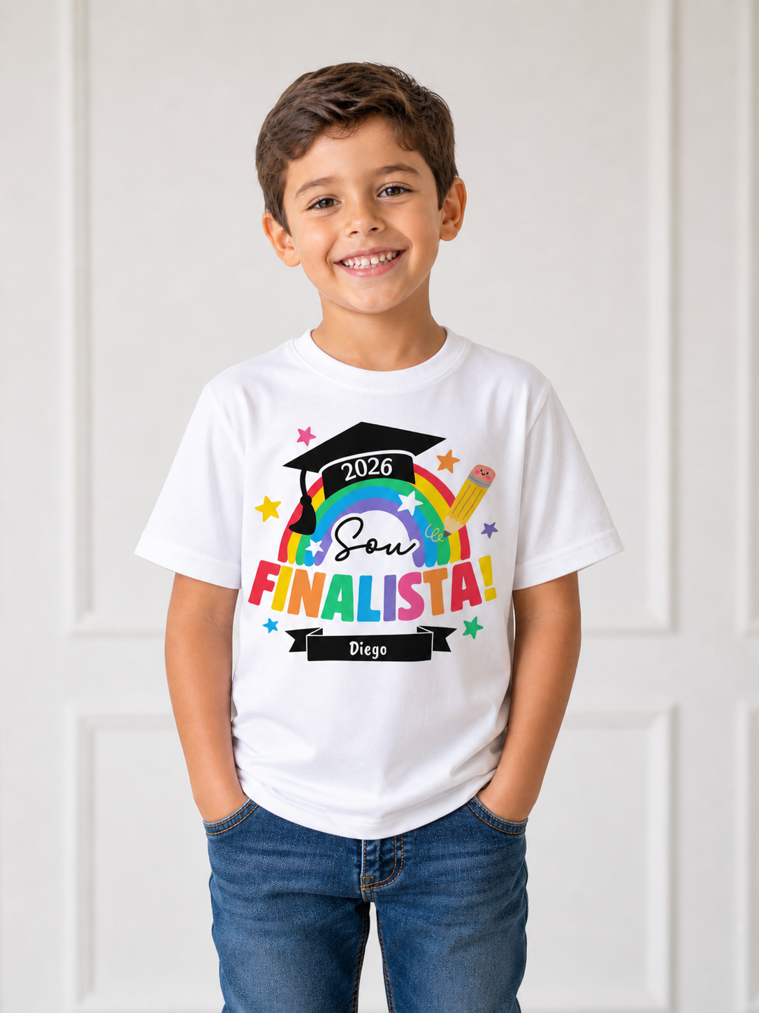 Camisola branca com estampa colorida de arco-íris e texto finalista e nome Diego
