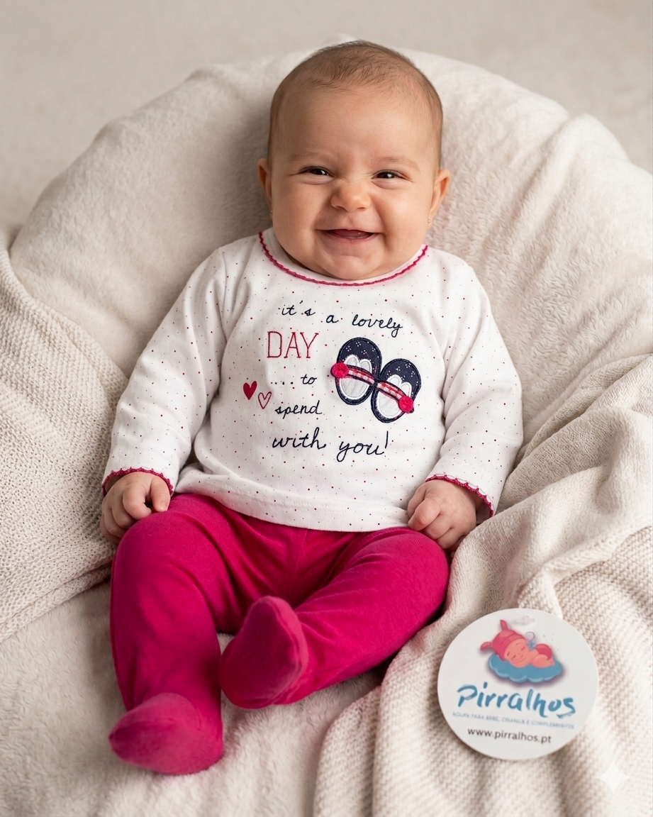 Bebé de manga comprida com camisola branca e calças rosas sentado numa manta creme macia.