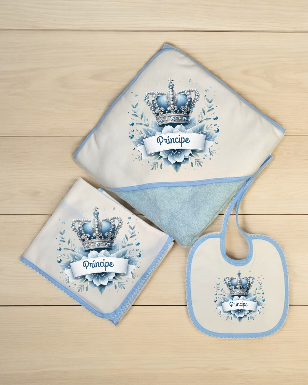 Conjunto de roupa de bebé com estampa de coroa azul e texto Príncipe