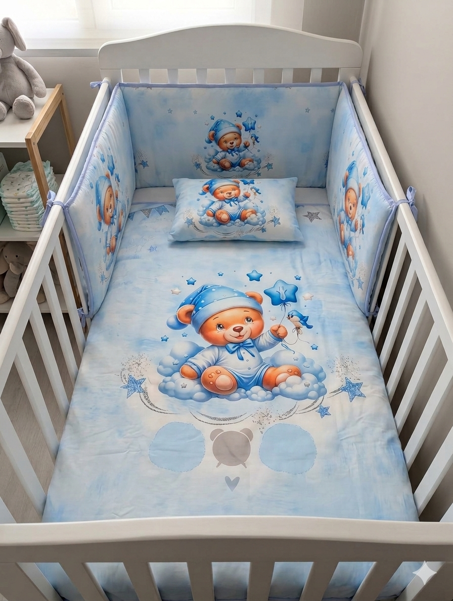 Berço branco com roupa de cama azul claro com ursinhos e estrelas