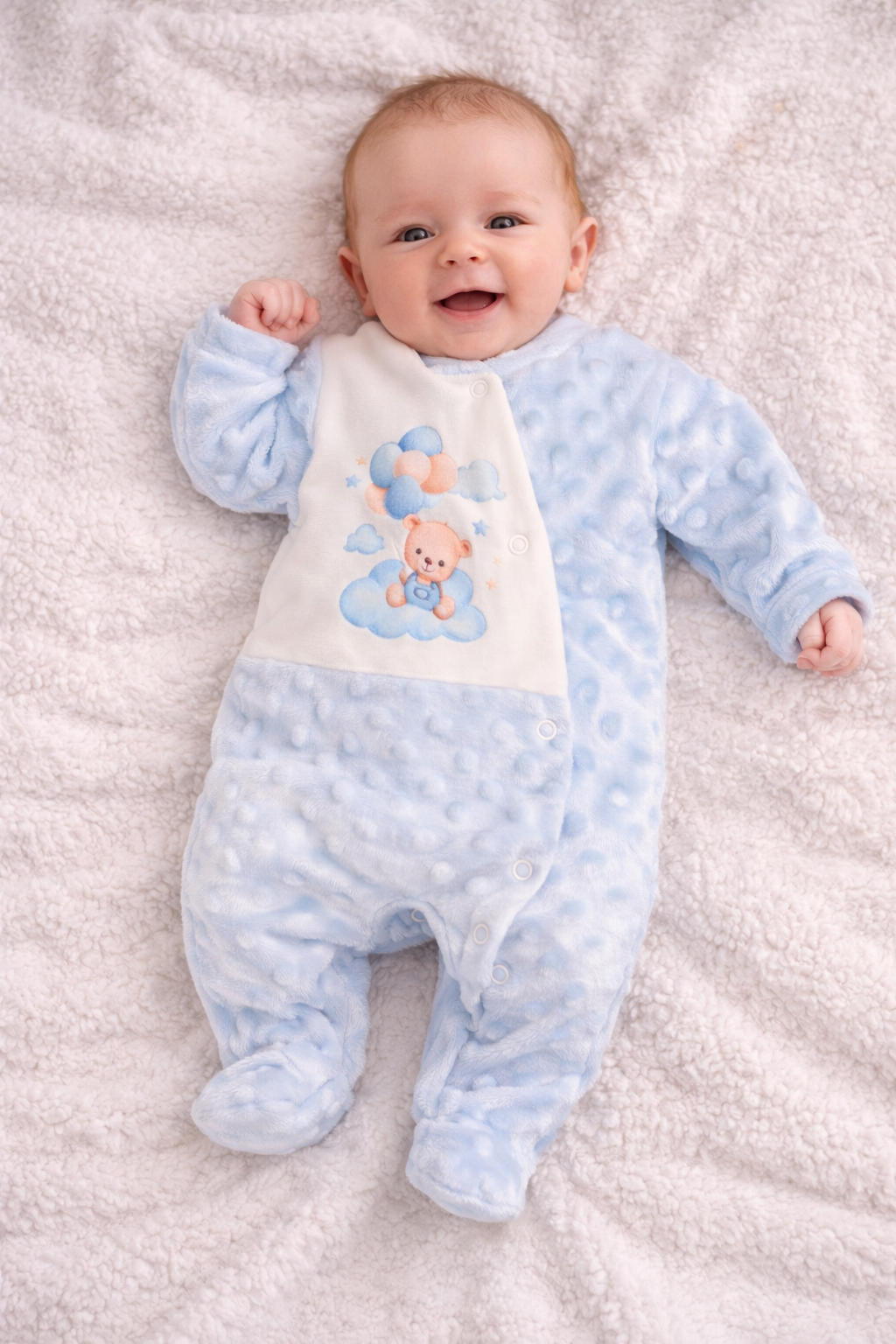 Bebé deitado com macacão azul claro e painel branco estampado com ursinho e balões.